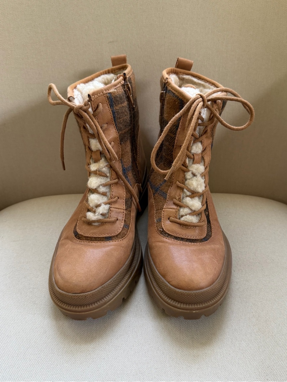Lucky Brand Edive Leather Winter Brown Combat Lugboot Plaid Lace Up Fall Size 7